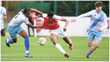 Chido Obi-Martin (centre) in action for Arsenal U18s in a past match. Photo: Stuart MacFarlane.