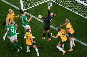 Australia's goalkeeper Mackenzie Arnold makes a save against Ireland