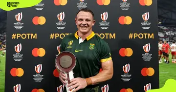 Deon Fourie poses with the Mastercard Player of the Match trophy.