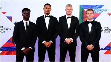 Bukayo Saka, William Saliba, Aaron Ramsdale and Martin Odegaard arrive for the 2023 PFA Awards at The Lowry, Manchester. Photo by Peter Byrne.