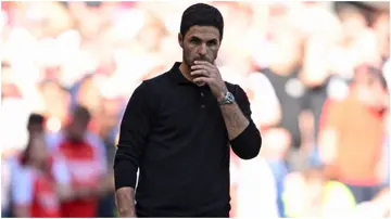 Mikel Arteta gestures on the touchline during the FA Community Shield football match between Arsenal and Manchester City at Wembley Stadium. Photo by Justin Tallis.