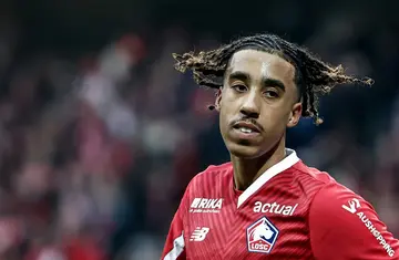 Leny Yoro reacting after scoring for Lille in Ligue 1 in November 2023