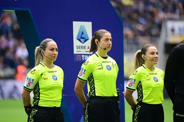 Referee Maria Sole Ferrieri Caputi with assistants Tiziana Trasciatti (L) and Francesca Di Monte who officiated in the  Inter Milan v Torino game