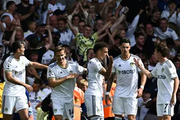 Leeds celebrate Rodrigo's goal in their victory over Chelsea