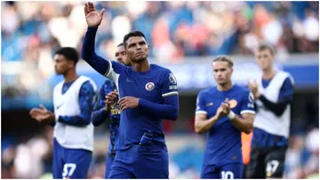 Thiago Silva waves to the fans following the English Premier League football match between Chelsea and Liverpool at Stamford Bridge. Photo by Henry Nicholls.