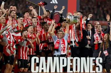 Ernesto Valverde holds aloft the Copa del Rey after leading Athletic Bilbao to their first silverware for 40 years