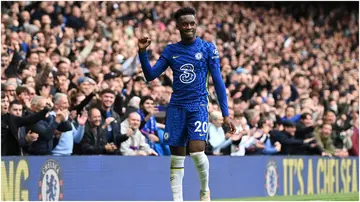 Callum Hudson-Odoi celebrates during the Premier League match between Chelsea and Norwich City at Stamford Bridge. Photo by Shaun Botterill.