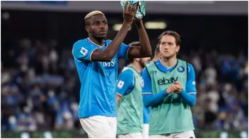 Victor Osimhen applauds fans after the Serie A TIM match between SSC Napoli and Udinese Calcio at Stadio Diego Armando Maradona. Photo by Ivan Romano.