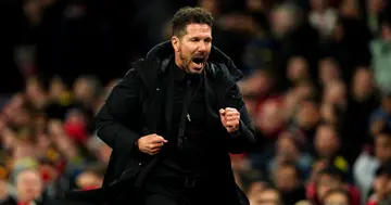 Atletico Madrid Diego Simeone runs off in celebration after the UEFA Champions League round of sixteen second leg match at Old Trafford, Manchester. Picture date: Tuesday March 15, 2022. (Photo by Martin Rickett/PA Images via Getty Images)