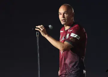 Andres Iniesta speaks during his farewell ceremony at Vissel Kobe last year