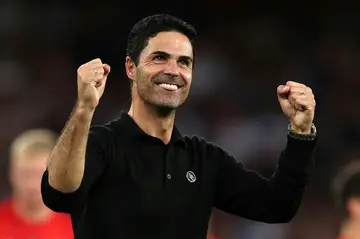 Arsenal manager Mikel Arteta celebrates their victory against Manchester City