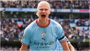 Erling Haaland celebrates after scoring during the Premier League match between Manchester City and Manchester United at Etihad Stadium. Photo by Matt McNulty.