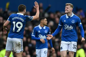 Everton celebrate their late equaliser against Tottenham