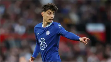 Kai Havertz reacts during the Premier League match between Manchester United and Chelsea FC at Old Trafford. Photo by Chris Lee.