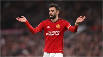 Bruno Fernandes reacts in frustration during the Emirates FA Cup Quarter Final match between Manchester United and Liverpool at Old Trafford. Photo by Stu Forster.