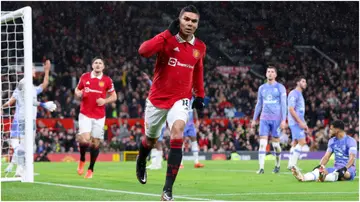 Casemiro celebrates after scoring during the Premier League match between Manchester United and AFC Bournemouth at Old Trafford. Photo by Alex Livesey.