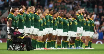 The South African rugby team during the anthem.