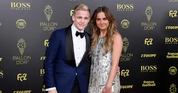 Donny van de Beek (Dutch / Eredivisie) poses on the red carpet with Estelle Bergkamp during the Ballon D'Or Ceremony at Theatre Du Chatelet on December 02, 2019 in Paris, France. (Photo by Kristy Sparow/Getty Images)