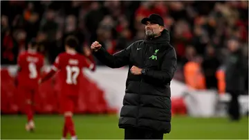 Jurgen Klopp celebrates the win over West Ham United at the end of the Carabao Cup quarter-final on December 20, 2023, at Anfield.