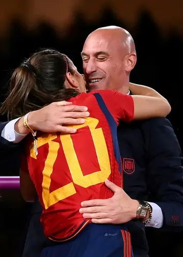 Spanish Football Federation president Luis Rubiales congratulates  Rocio Galvez after the 1-0 win over England in the World Cup final