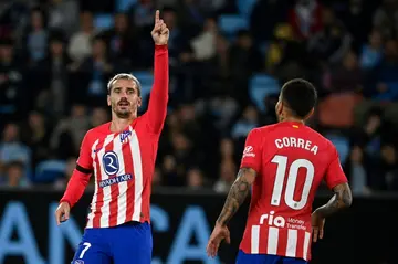 Atletico Madrid's French forward Antoine Griezmann celebrates in his team's emphatic triumph over Celta Vigo on Saturday