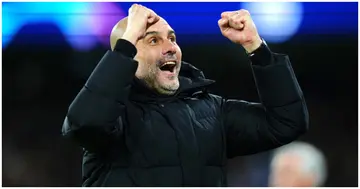 Pep Guardiola celebrates after Bernardo Silva scored his side's fourth goal during the UEFA Champions League Semi-Final Leg One match between Man City and Real Madrid. Photo by Tom Flathers.