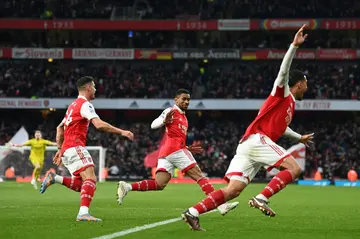 Arsenal celebrates after their late winner against Bournemouth
