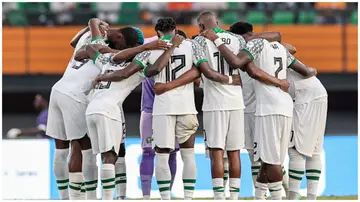 Nigeria's players gather during the Africa Cup of Nations 2023 Group A football match between Guinea-Bissau and the Super Eagles. Photo: FRANCK FIFE.