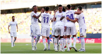 Mariano of Real Madrid celebrates scoring their side's first goal with teammates during the LaLiga Santander match between Cadiz CF and Real Madrid CF. Photo by Fran Santiago.