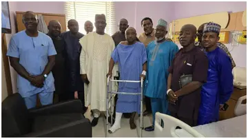 Tijani Babangida (centre) was hospitalised followinga road accident that claimed the lives of his son and brother. Photo: @OgaNla. 