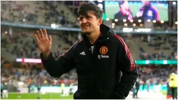 Harry Maguire waves to the fans after the pre-season friendly match between Manchester United and Aston Villa at Optus Stadium. Photo by James Worsfold.