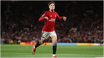 Alejandro Garnacho celebrates after scoring the team's first goal during the Carabao Cup Third Round match between Manchester United and Crystal Palace at Old Trafford. Photo by Matt McNulty.