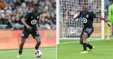 Bongokuhle Hlongwane celebrates after scoring for Minnesota United.