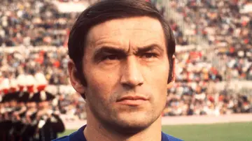 Italian footballer and defender with Inter Milan, Tarcisio Burgnich, lined up before playing for the Italy national football team in an international match at the San Siro stadium in Milan, Italy, in 1972