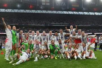 England's players pose with the trophy after beating Germany in the Euro 2022 final at Wembley