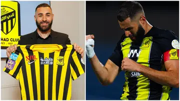 Karim Benzema poses with his Al-Ittihad shirt after signing for the Saudi Pro League club and celebrates his goal against Al-Riyadh on August 24.