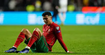 Cristiano Ronaldo reaction after losing the match at the end of the 2022 FIFA World Cup Qualifier match against Serbia at Estadio da Luz on November 14, 2021 in Lisbon, Portugal. (Photo by Gualter Fatia/Getty Images)