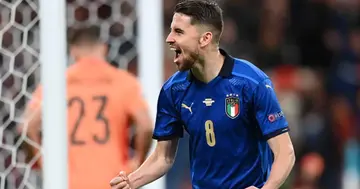 Jorginho celebrates after scoring for Italy during the Euros. Photo: Getty Images.