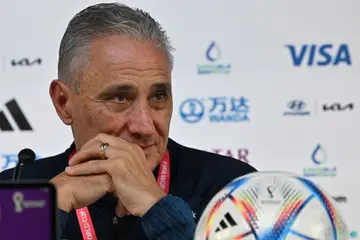 Brazil coach Tite speaks to reporters at the World Cup in Qatar