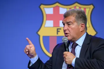 Making a point: club president Joan Laporta told  a press conference that 'Barcelona has not committed any crime'  amid investigations into payments made to a former refereeing chief