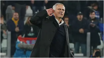 Jose Mourinho gestures to the crowd after the UEFA Champions League group match between Juventus and Manchester United at Allianz Arena. Photo by Matthew Peters.