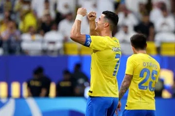 Cristiano Ronaldo celebrates after scoring against Al-Duhail in Riyadh