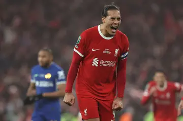 Liverpool's Virgil van Dijk celebrates his League Cup final winner against Chelsea