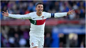 Cristiano Ronaldo celebrates his goal during the UEFA EURO 2024 Qualifier match between Iceland and Portugal at Laugardalsvollur. Photo by Will Palmer.