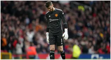 Manchester United goalkeeper David de Gea looks dejected during a Premier League match at Old Trafford. Photo by Nick Potts.