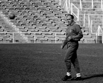 Alfredo Di Stefano (1926-2014) during a training at the stadium Santiago Bernabeu, Madrid, Spain, 1960