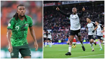 Nigeria's Alex Iwobi celebfrates scoring for Fulham against Man United. Photos: Visionhaus and Simon Stacpoole.