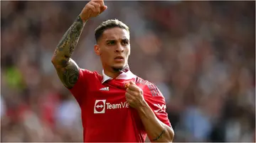 Antony celebrates scoring the first goal for Manchester United during their Premier League match against Arsenal at Old Trafford, Manchester, on September 4, 2022.