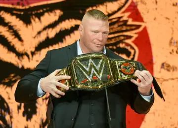 WWE champion Brock Lesnar is introduced at a WWE news
