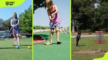 Diferrent games which are similar to golf, from left: Croquet, Miniature Golf, and Disc Golf